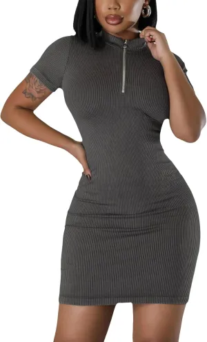 Women's Summer Ribbed Bodycon Dress Mock Neck Slim Fit Short Sleeve Mini Dresses