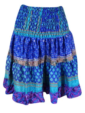 Womens Summer Ruched Skirt Cobalt Blue Floral Beach Recycle Silk Skirts S/M