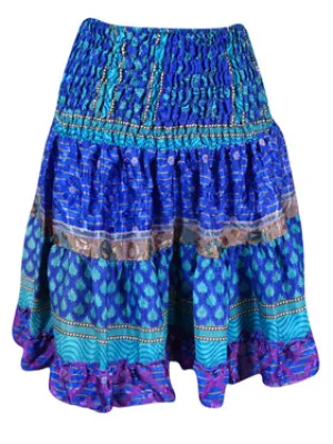 Womens Summer Ruched Skirt Cobalt Blue Floral Beach Recycle Silk Skirts S/M