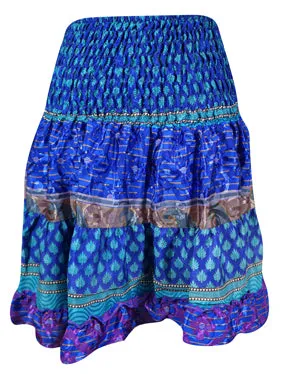 Womens Summer Ruched Skirt Cobalt Blue Floral Beach Recycle Silk Skirts S/M
