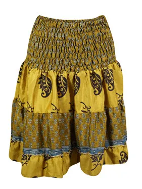 Womens Summer Ruched Skirt, Yellow Beach Recycle Silk Skirts S/M
