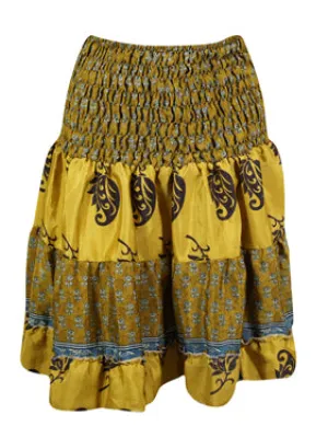 Womens Summer Ruched Skirt, Yellow Beach Recycle Silk Skirts S/M