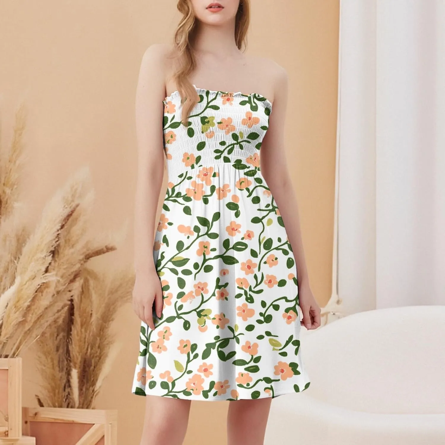 Womens Summer Sexy Strapless Tube Dress Flowy Ruffle Vibrant Floral Mini Dresses Backless A Line Short Sundress