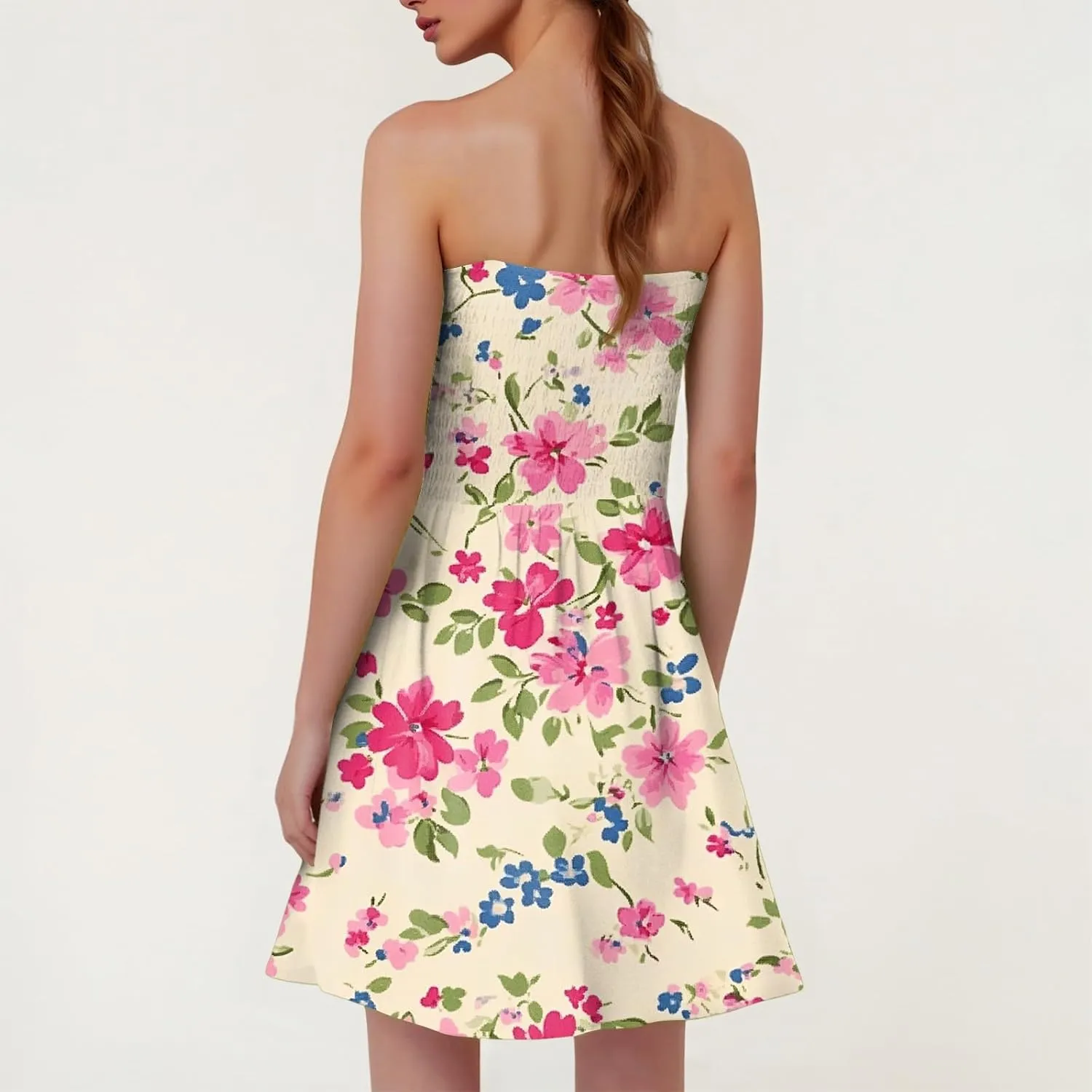 Womens Summer Sexy Strapless Tube Dress Flowy Ruffle Vibrant Floral Mini Dresses Backless A Line Short Sundress