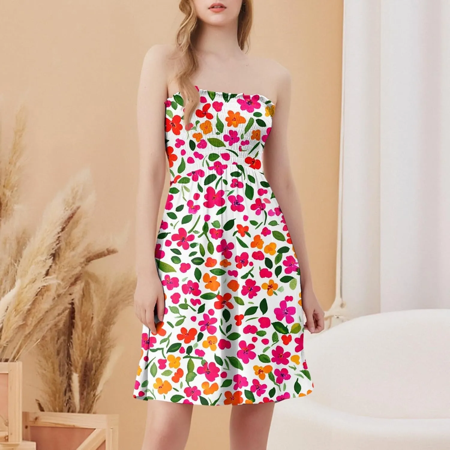 Womens Summer Sexy Strapless Tube Dress Flowy Ruffle Vibrant Floral Mini Dresses Backless A Line Short Sundress