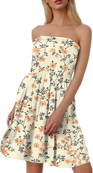 Womens Summer Sexy Strapless Tube Dress Flowy Ruffle Vibrant Floral Mini Dresses Backless A Line Short Sundress