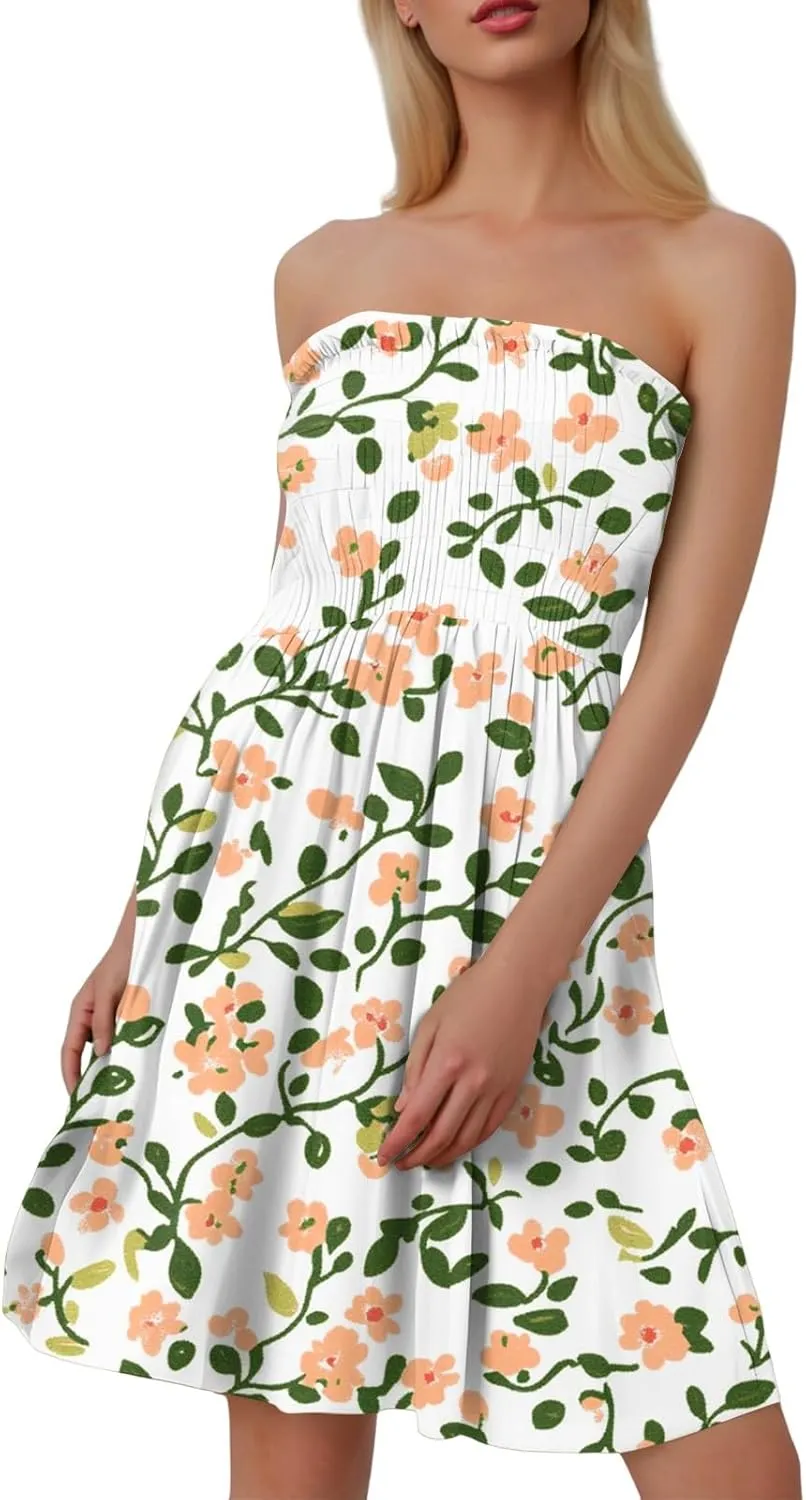 Womens Summer Sexy Strapless Tube Dress Flowy Ruffle Vibrant Floral Mini Dresses Backless A Line Short Sundress