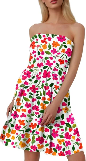 Womens Summer Sexy Strapless Tube Dress Flowy Ruffle Vibrant Floral Mini Dresses Backless A Line Short Sundress