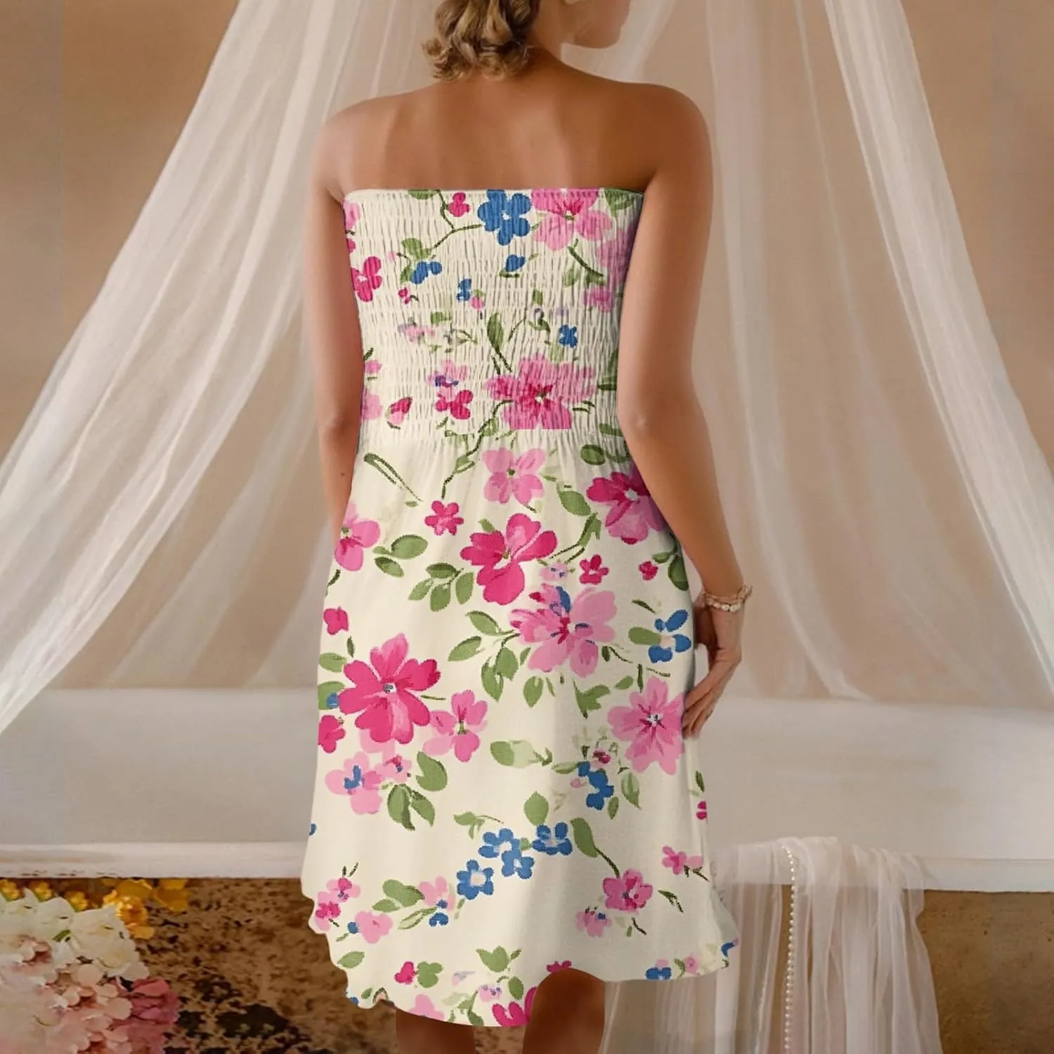 Womens Summer Sexy Strapless Tube Dress Flowy Ruffle Vibrant Floral Mini Dresses Backless A Line Short Sundress
