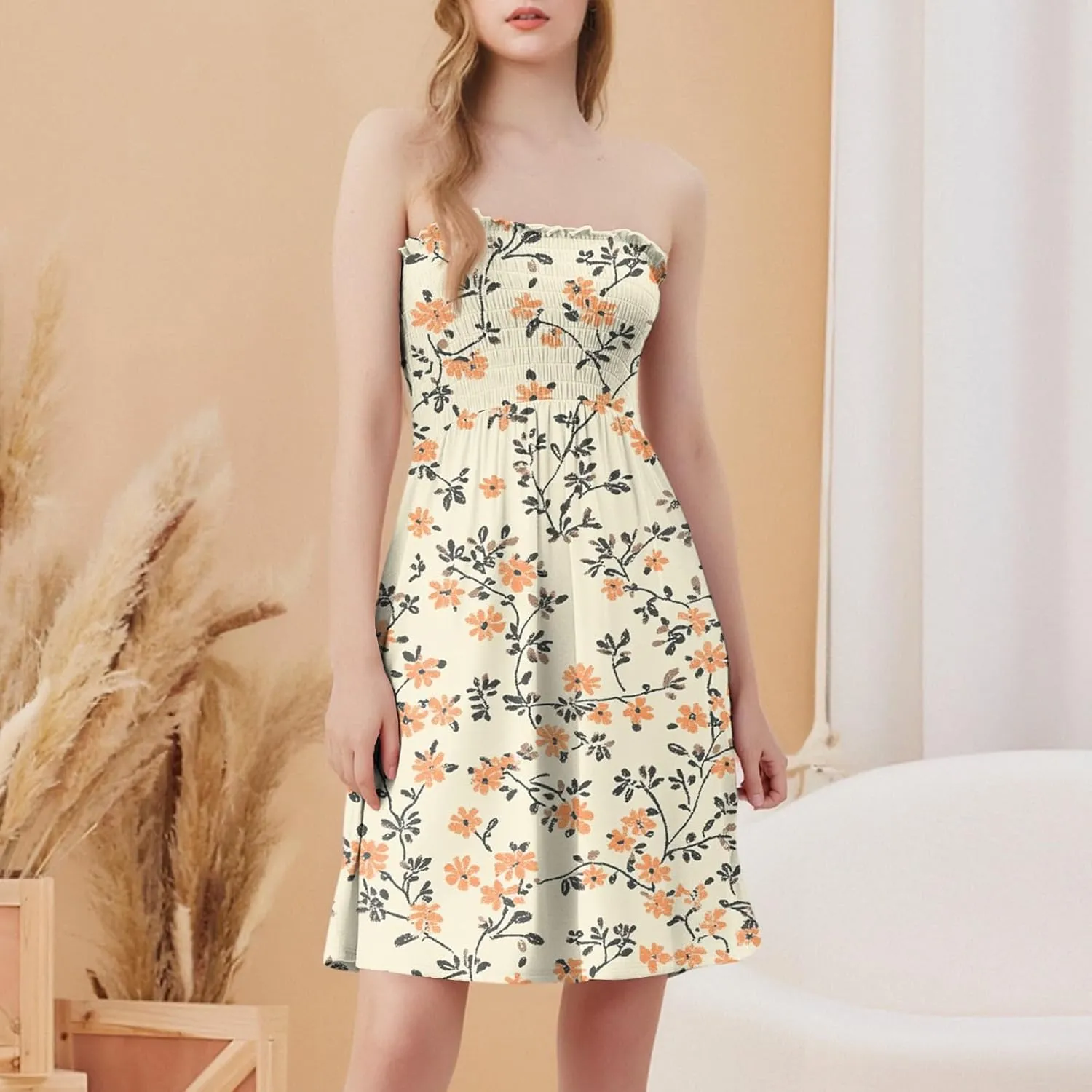 Womens Summer Sexy Strapless Tube Dress Flowy Ruffle Vibrant Floral Mini Dresses Backless A Line Short Sundress