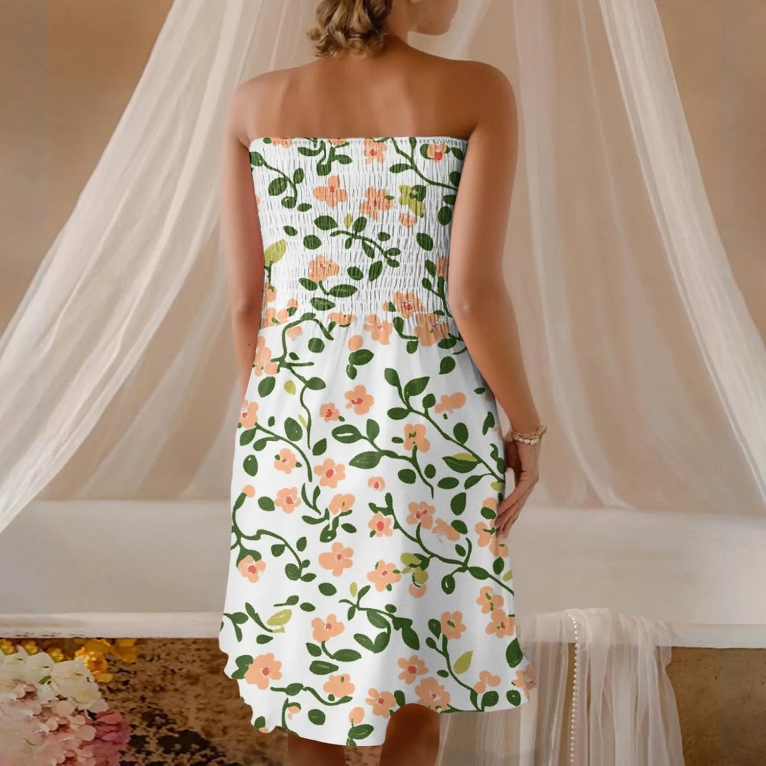 Womens Summer Sexy Strapless Tube Dress Flowy Ruffle Vibrant Floral Mini Dresses Backless A Line Short Sundress