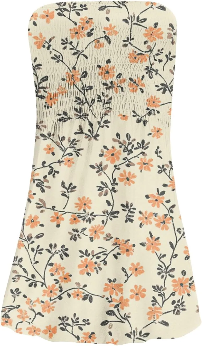 Womens Summer Sexy Strapless Tube Dress Flowy Ruffle Vibrant Floral Mini Dresses Backless A Line Short Sundress
