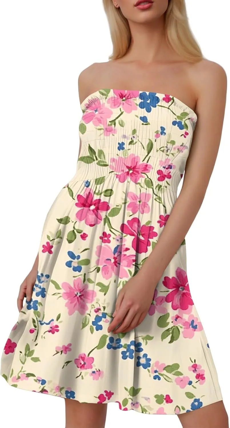 Womens Summer Sexy Strapless Tube Dress Flowy Ruffle Vibrant Floral Mini Dresses Backless A Line Short Sundress