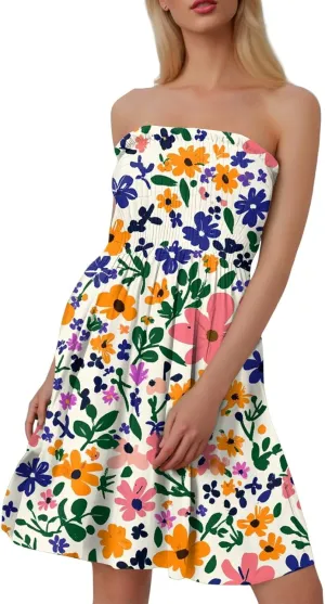 Womens Summer Sexy Strapless Tube Dress Flowy Ruffle Vibrant Floral Mini Dresses Backless A Line Short Sundress