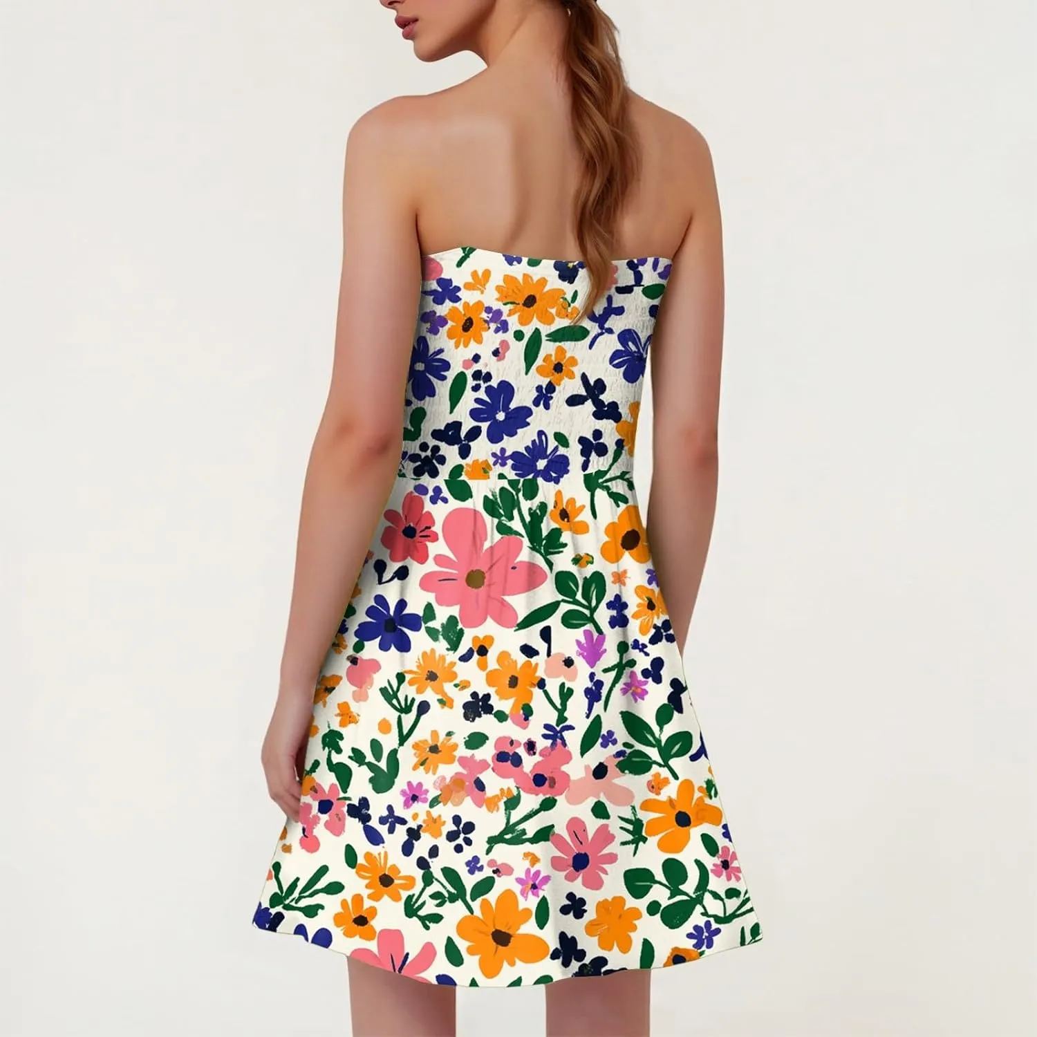 Womens Summer Sexy Strapless Tube Dress Flowy Ruffle Vibrant Floral Mini Dresses Backless A Line Short Sundress