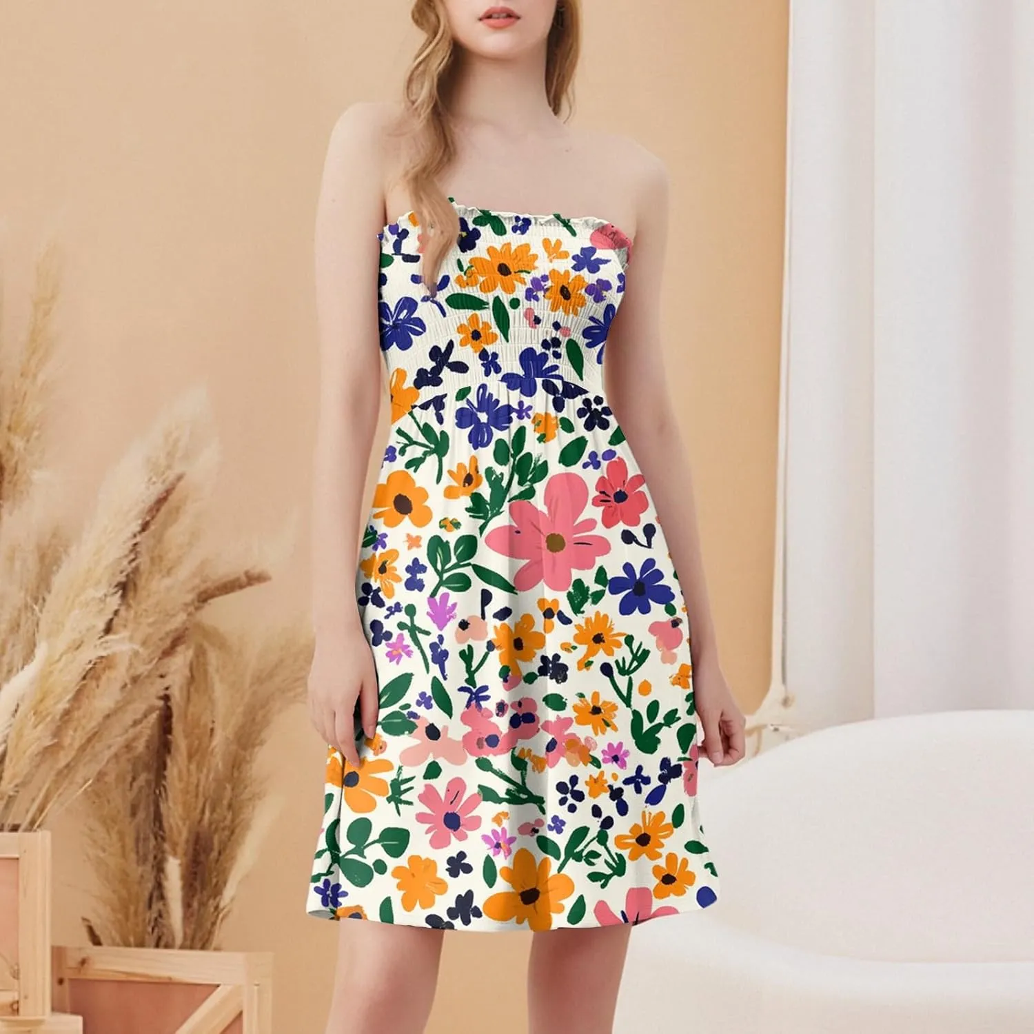 Womens Summer Sexy Strapless Tube Dress Flowy Ruffle Vibrant Floral Mini Dresses Backless A Line Short Sundress