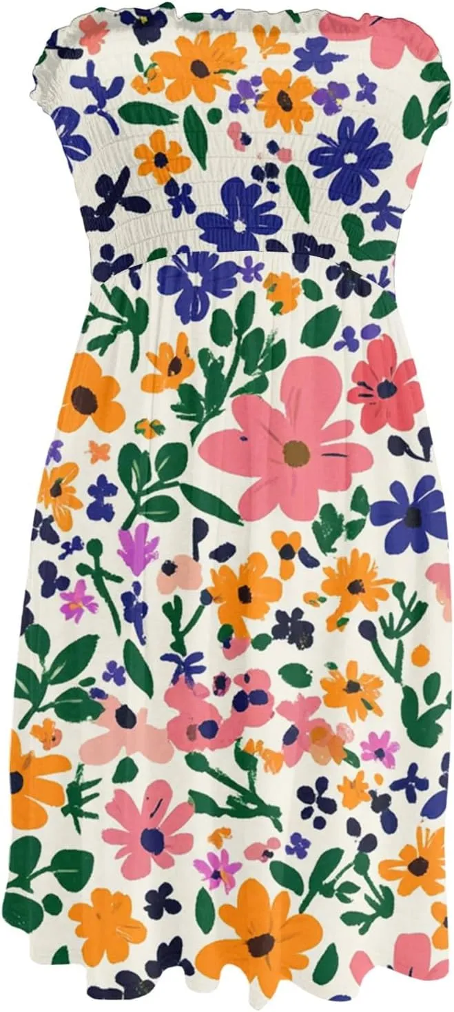 Womens Summer Sexy Strapless Tube Dress Flowy Ruffle Vibrant Floral Mini Dresses Backless A Line Short Sundress