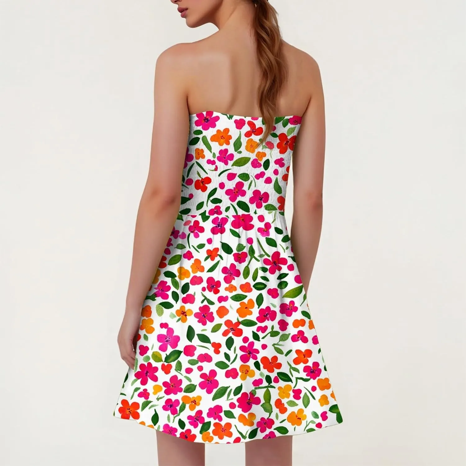 Womens Summer Sexy Strapless Tube Dress Flowy Ruffle Vibrant Floral Mini Dresses Backless A Line Short Sundress
