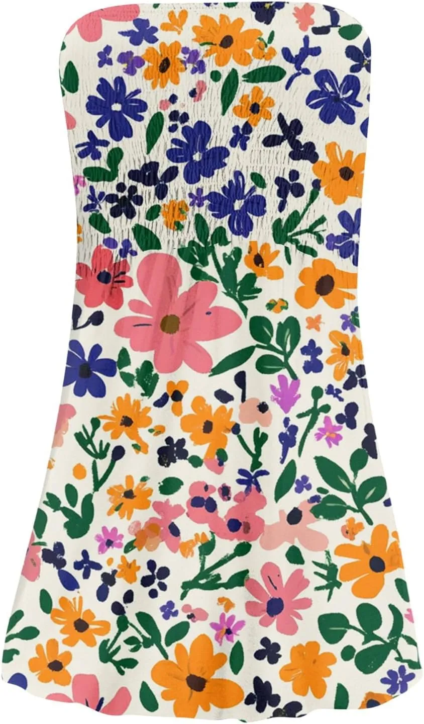 Womens Summer Sexy Strapless Tube Dress Flowy Ruffle Vibrant Floral Mini Dresses Backless A Line Short Sundress