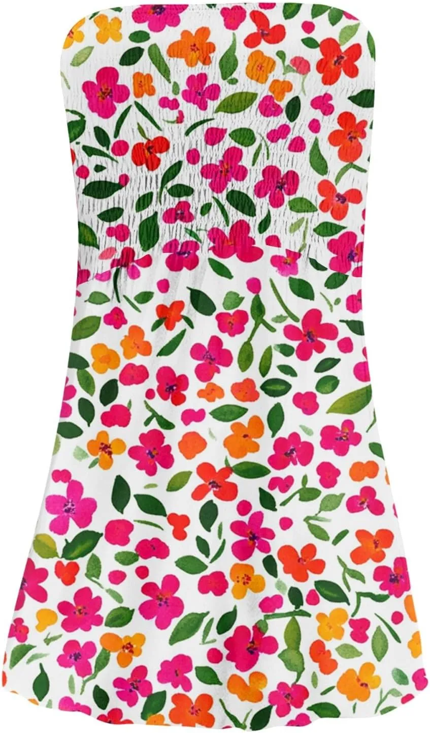 Womens Summer Sexy Strapless Tube Dress Flowy Ruffle Vibrant Floral Mini Dresses Backless A Line Short Sundress