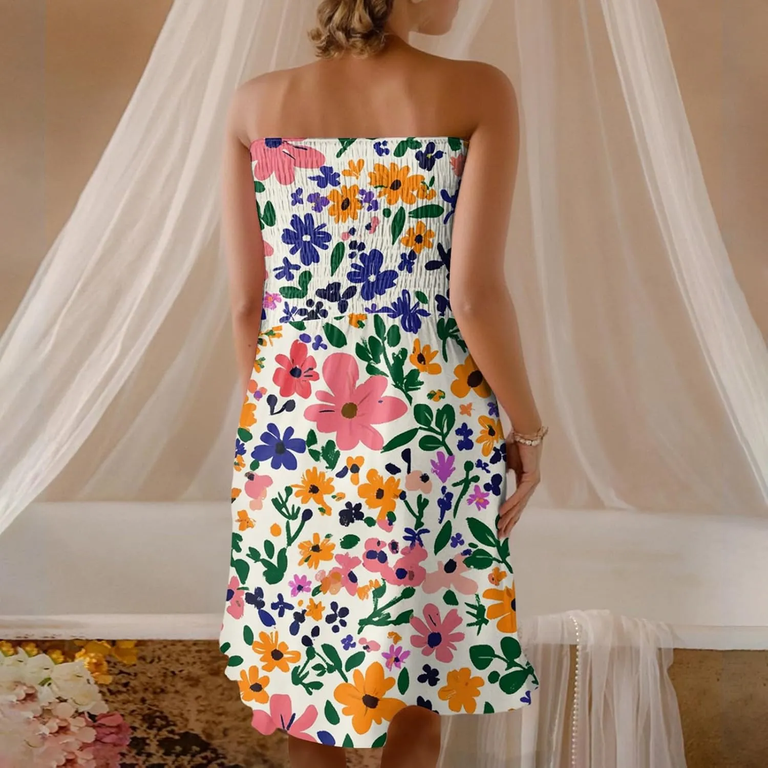 Womens Summer Sexy Strapless Tube Dress Flowy Ruffle Vibrant Floral Mini Dresses Backless A Line Short Sundress