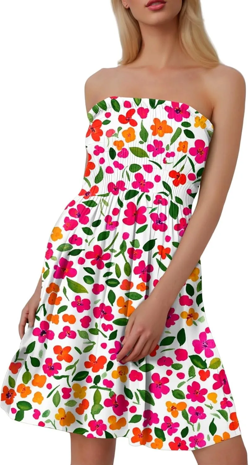 Womens Summer Sexy Strapless Tube Dress Flowy Ruffle Vibrant Floral Mini Dresses Backless A Line Short Sundress