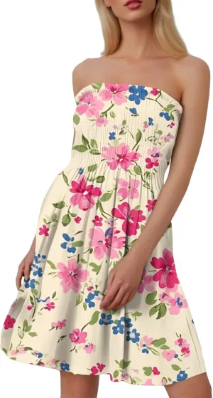 Womens Summer Sexy Strapless Tube Dress Flowy Ruffle Vibrant Floral Mini Dresses Backless A Line Short Sundress