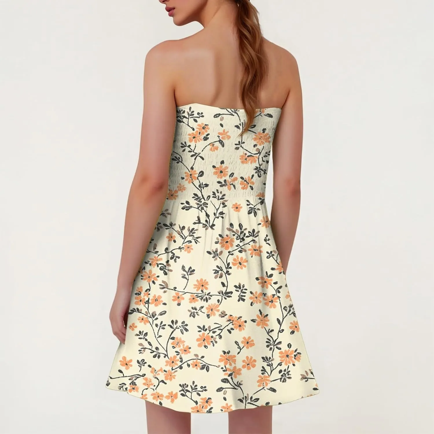 Womens Summer Sexy Strapless Tube Dress Flowy Ruffle Vibrant Floral Mini Dresses Backless A Line Short Sundress