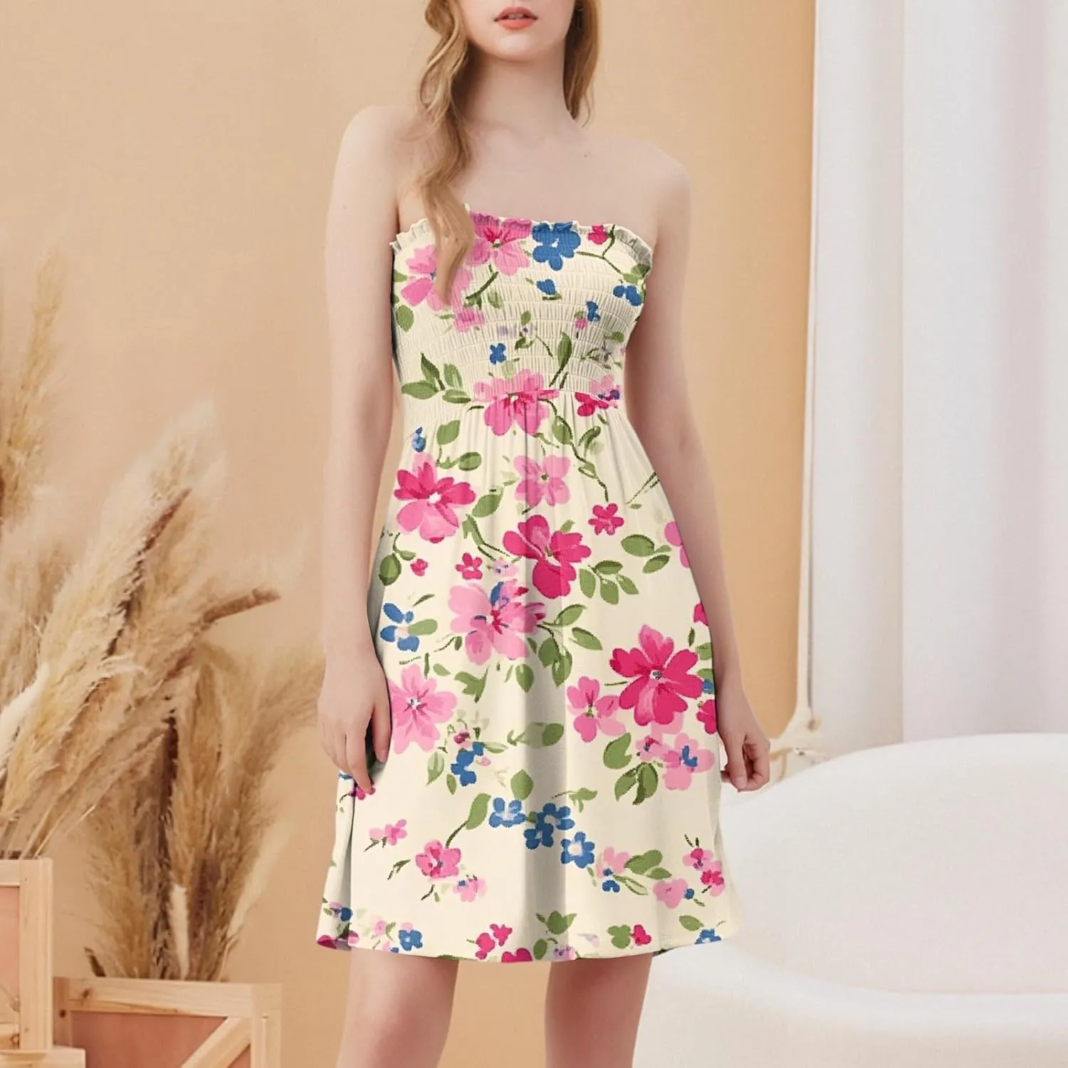 Womens Summer Sexy Strapless Tube Dress Flowy Ruffle Vibrant Floral Mini Dresses Backless A Line Short Sundress