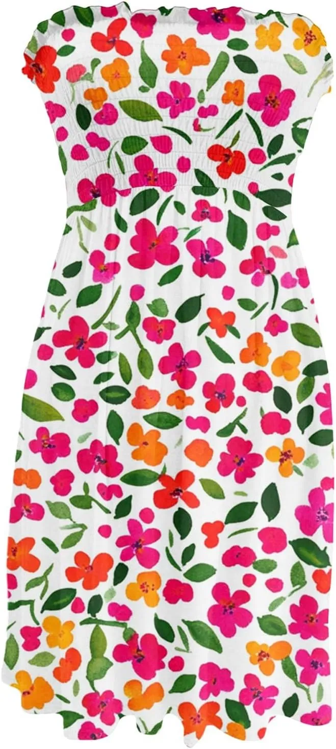 Womens Summer Sexy Strapless Tube Dress Flowy Ruffle Vibrant Floral Mini Dresses Backless A Line Short Sundress