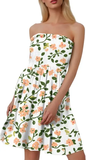 Womens Summer Sexy Strapless Tube Dress Flowy Ruffle Vibrant Floral Mini Dresses Backless A Line Short Sundress