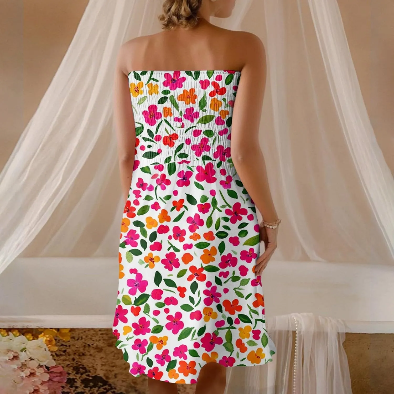 Womens Summer Sexy Strapless Tube Dress Flowy Ruffle Vibrant Floral Mini Dresses Backless A Line Short Sundress
