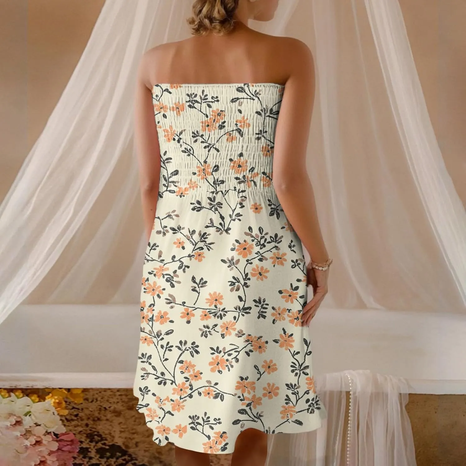 Womens Summer Sexy Strapless Tube Dress Flowy Ruffle Vibrant Floral Mini Dresses Backless A Line Short Sundress