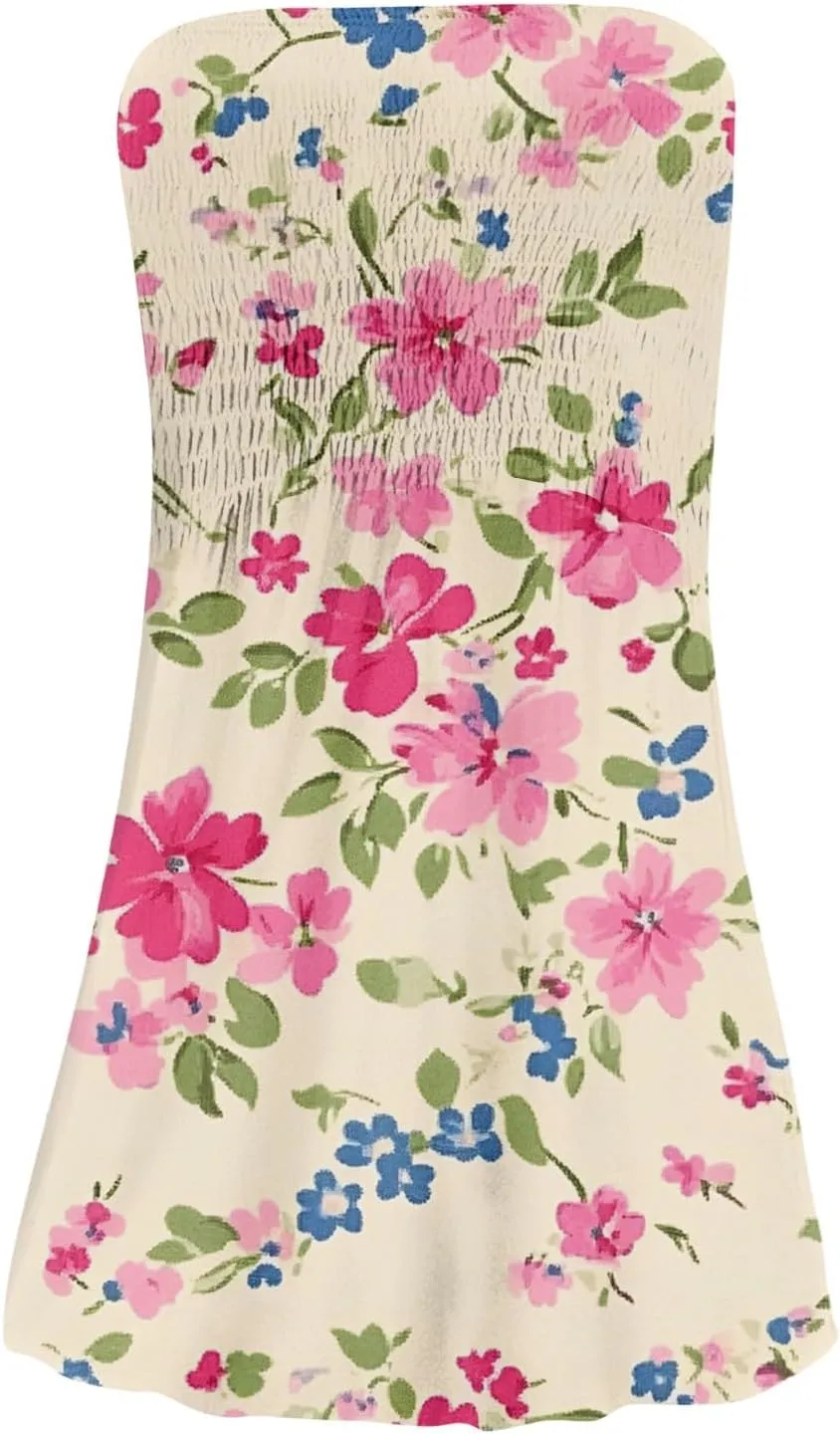 Womens Summer Sexy Strapless Tube Dress Flowy Ruffle Vibrant Floral Mini Dresses Backless A Line Short Sundress