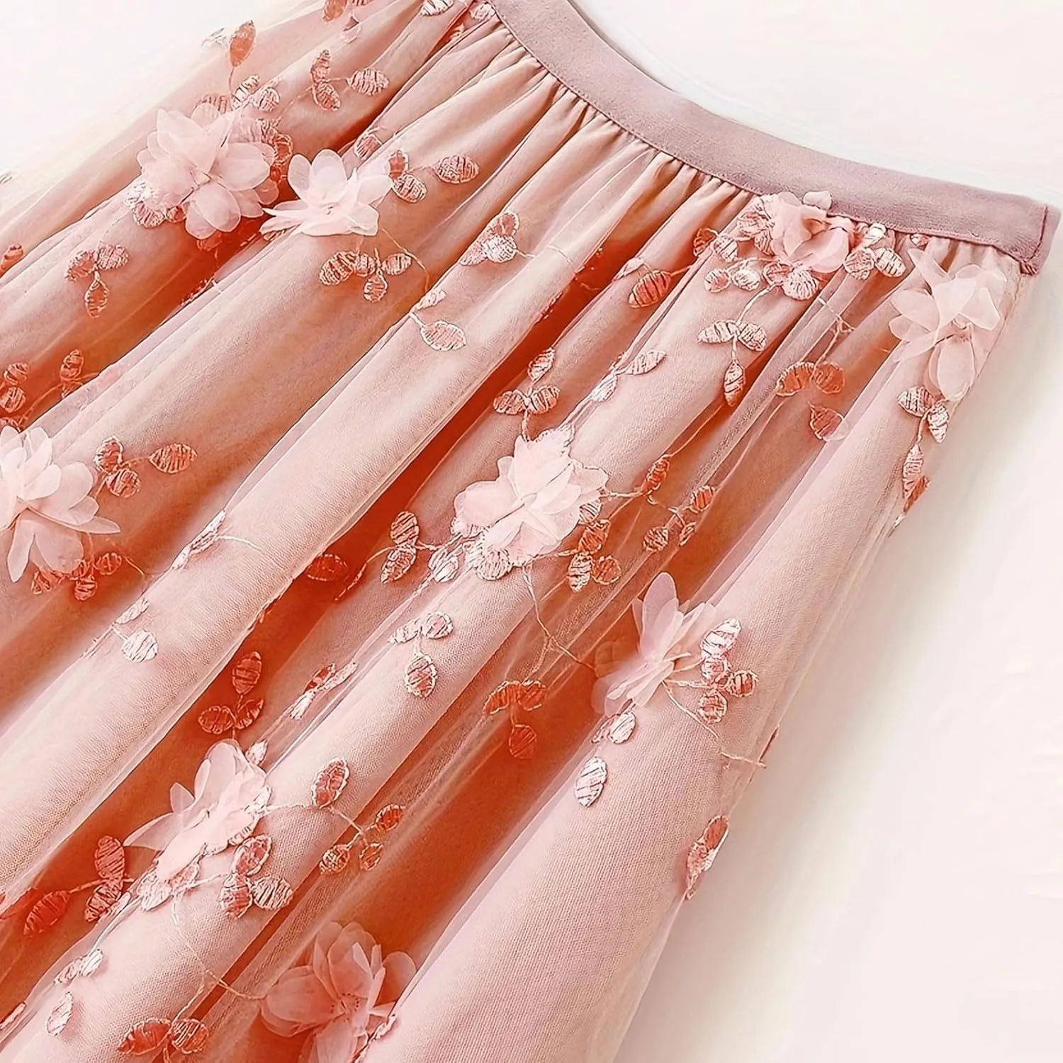 Women's Trendy Midi Tulle Skirt Elastic High Waist Skirts Floral Embroidery Layered Print Mesh A-line Swing Midi Skirt