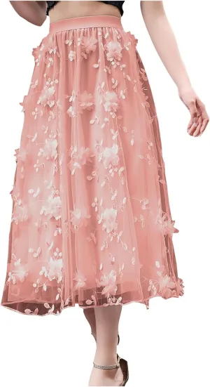 Women's Trendy Midi Tulle Skirt Elastic High Waist Skirts Floral Embroidery Layered Print Mesh A-line Swing Midi Skirt