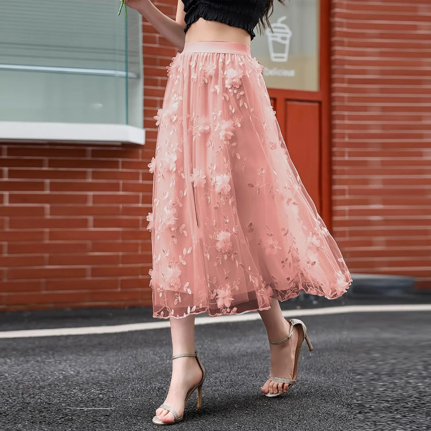 Women's Trendy Midi Tulle Skirt Elastic High Waist Skirts Floral Embroidery Layered Print Mesh A-line Swing Midi Skirt
