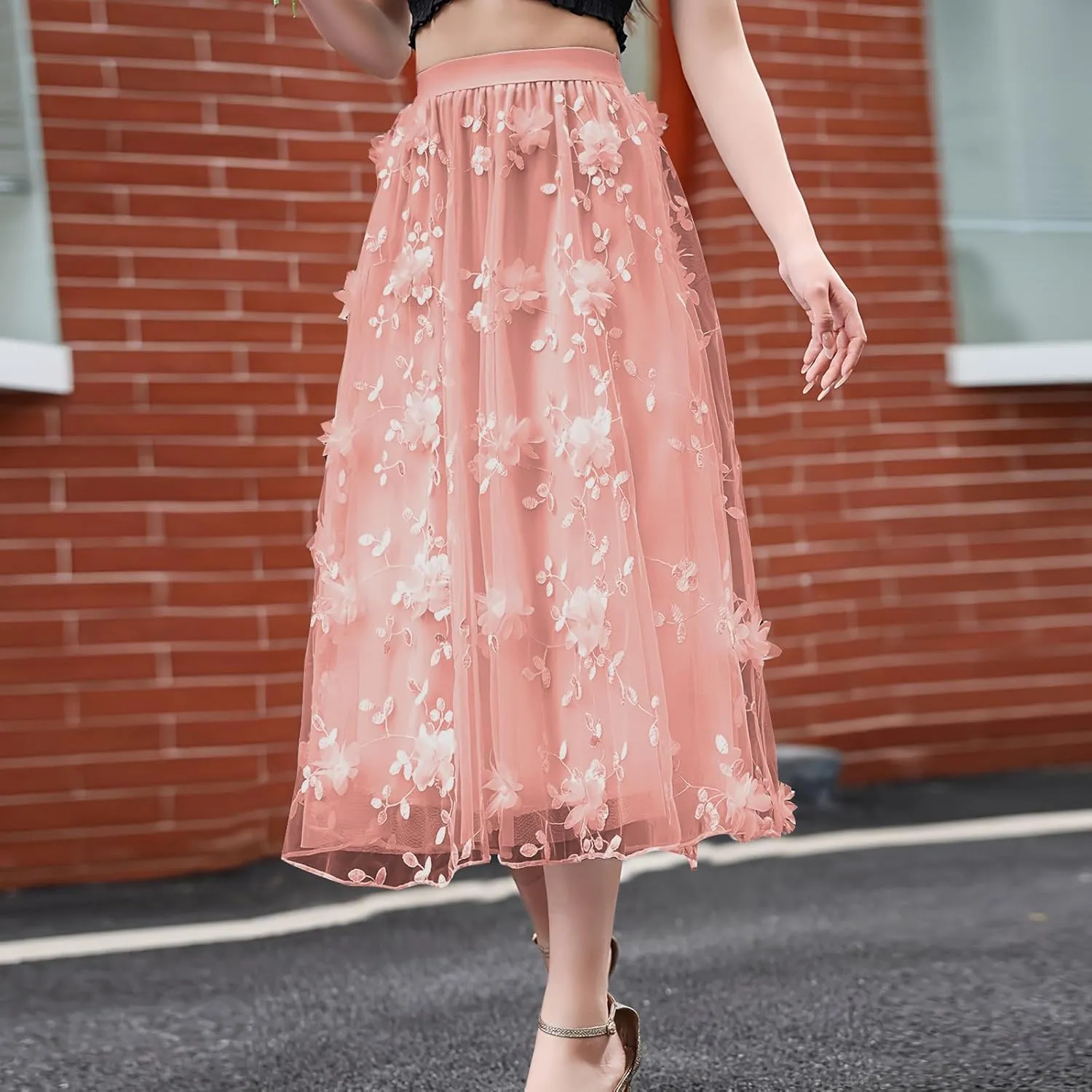 Women's Trendy Midi Tulle Skirt Elastic High Waist Skirts Floral Embroidery Layered Print Mesh A-line Swing Midi Skirt