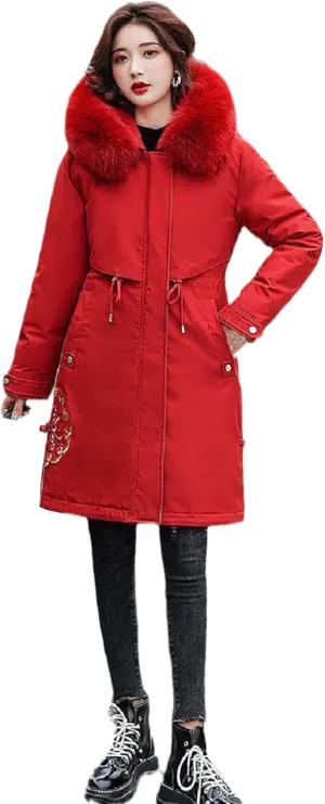 Wvapzxx Large Fur Collar Embroidered Cotton Jackets Winter Long Padded Down Jacket Women Parkers Thick Warm Coats