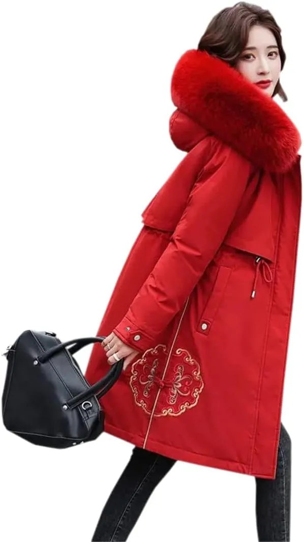 Wvapzxx Large Fur Collar Embroidered Cotton Jackets Winter Long Padded Down Jacket Women Parkers Thick Warm Coats