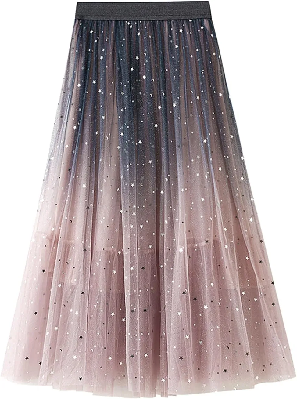 YOLAI Women Sequins Gradient Color Maxi Skirt Casual Pleated A Line Skirt High Waist Knee Length Skirt